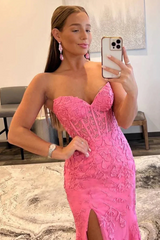 2024 Black Lace Prom Dresses Strapless Split Long Evening Dresses Mermaid