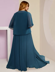 Aimishang  Two Piece A-Line Mother of the Bride Dress Formal Wedding Guest Plus Size Hide Belly Elegant V Neck Floor Length Chiffon Lace Sleeveless with Ruched Appliques