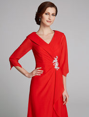 Aimishang A-Line Mother of the Bride Dress Elegant V Neck Floor Length Chiffon Half Sleeve with Pleats Appliques