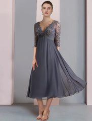 Aimishang A-Line Mother of the Bride Dress Formal Wedding Guest Vintage Elegant V Neck Tea Length Chiffon Lace Half Sleeve with Beading Sequin Appliques