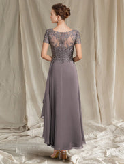Aimishang  A-Line Mother of the Bride Dress Fall Wedding Guest Plus Size Elegant High Low V Neck Tea Length Chiffon Lace Short Sleeve with Pleats Appliques