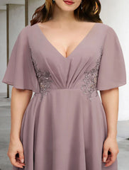 Aimishang A-Line Mother of the Bride Dresses Plus Size Hide Belly Curve Elegant Dress Formal Asymmetrical Short Sleeve V Neck Chiffon with Ruffles Appliques