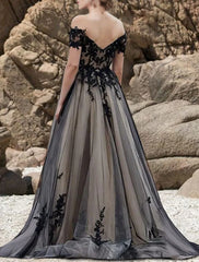 Aimishang Engagement Gothic Wedding Dresses in Color Formal Wedding Dresses A-Line Off Shoulder Short Sleeve Sweep / Brush Train Lace Bridal Gowns With Bow(s) Appliques