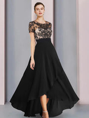 Sheath / Column Mother of the Bride Dress Wedding Guest Vintage Elegant Scoop Neck Asymmetrical Chiffon Short Sleeve with Lace