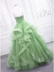 Ball Gown Prom Dresses Glittering Dress Formal Floor Length Sleeveless V Neck Tulle with Glitter Ruffles