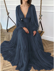 Aimishang A-Line Evening Gown Elegant Dress Red Green Dress Formal Wedding Guest Floor Length Long Sleeve V Neck Chiffon with Ruched