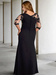 Aimishang  A-Line Mother of the Bride Dresses Plus Size Hide Belly Curve Elegant Fall Wedding Guest Dress Formal Floor Length Half Sleeve Jewel Neck Chiffon with Pleats Ruched Appliques