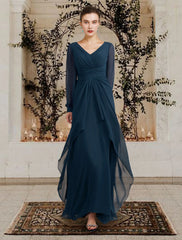 Aimishang A-Line Wedding Guest Elegant Mother of the Bride Dress V Neck Floor Length Chiffon Long Sleeve with Ruched Ruffles