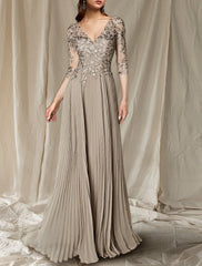 Aimishang A-Line Mother of the Bride Dress Wedding Guest Plus Size Elegant V Neck Floor Length Chiffon Lace Half Sleeve with Pleats Appliques
