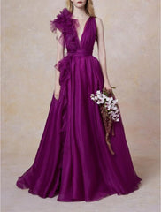 Wholesale A-Line Evening Gown Celebrity Style Dress Christmas Red Green Dress Formal Wedding Guest Floor Length Sleeveless V Neck Chiffon with Slit Pure Color