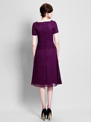 A-Line Mother of the Bride Dress Cowl Neck Tea Length Chiffon Short Sleeve with Ruched Side