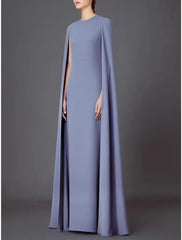 A-Line Evening Gown Elegant Dress Wedding Guest Party Wear Floor Length Sleeveless Jewel Neck Capes Stretch Chiffon with Shawl