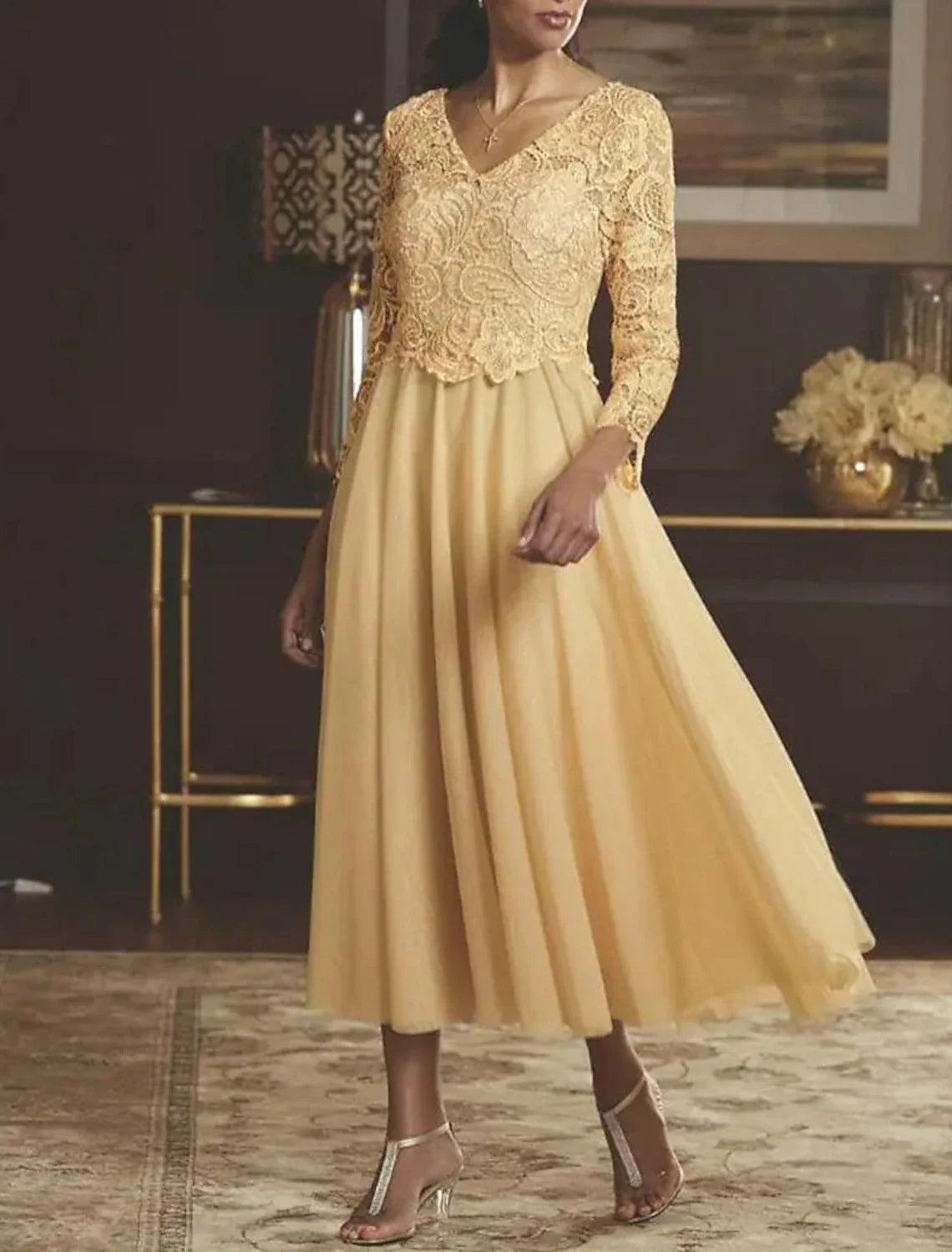 Aimishang A-Line Mother of the Bride Dress Wedding Guest Elegant V Neck Tea Length Chiffon Lace 3/4 Length Sleeve with Pleats Appliques