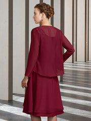 Two Piece Sheath / Column Mother of the Bride Dress Church Elegant Scoop Neck Knee Length Chiffon Lace Long Sleeve with Ruffles