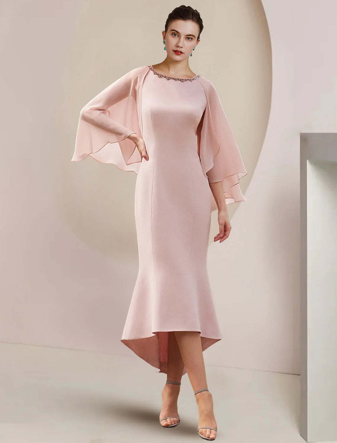 Aimishang  Mermaid / Trumpet Mother of the Bride Dress Formal Wedding Guest Party Vintage Elegant Scoop Neck Asymmetrical Tea Length Chiffon Sleeveless with Beading