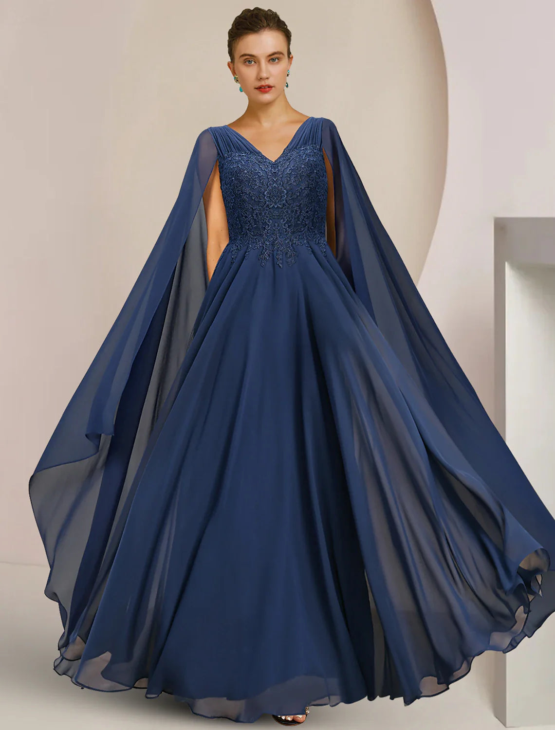 Aimishang  A-Line Mother of the Bride Dress Formal Wedding Guest Elegant V Neck Floor Length Chiffon Lace Sleeveless with Pleats Appliques