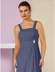 Aimishang  A-Line Mother of the Bride Dress Wedding Guest Elegant Square Neck Ankle Length Chiffon Long Sleeve with Crystal Brooch Ruching