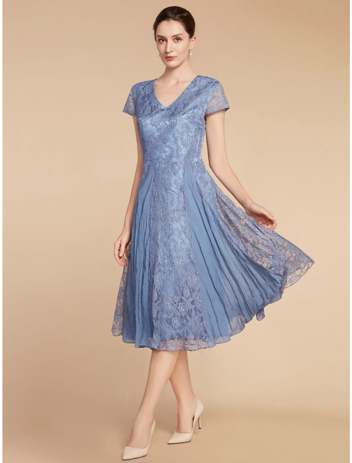 Aimishang  A-Line Mother of the Bride Dress Wedding Guest Elegant Petite V Neck Knee Length Chiffon Lace Short Sleeve with Ruching Solid Color