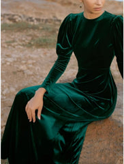 A-Line Evening Gown Elegant Dress Formal Fall Floor Length Long Sleeve Jewel Neck Velvet with Ruched