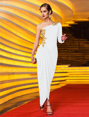 Sheath / Column Celebrity Style Party Wear Formal Evening Dress One Shoulder Long Sleeve Ankle Length Jersey with Beading Draping Appliques