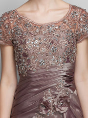 Mermaid / Trumpet Mother of the Bride Dress See Through Scoop Neck Sweep / Brush Train Taffeta Beaded Lace Short Sleeve