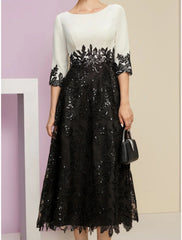 Aimishang  A-Line Mother of the Bride Dress Wedding Guest Elegant Scoop Neck Tea Length Stretch Chiffon Half Sleeve with Lace Sequin Ruching