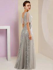Aimishang  Sheath / Column Mother of the Bride Dress Party Sparkle & Shine V Neck Floor Length Lace Tulle Short Sleeve with Pleats Sequin