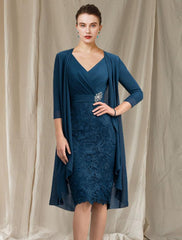 Aimishang Two Piece Sheath / Column Mother of the Bride Dress Church Elegant V Neck Knee Length Chiffon Lace Half Sleeve Jacket Dresses with Appliques Crystal Brooch