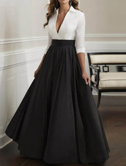 A-Line Evening Gown Color Black Dress Plus Size Wedding Guest Evening Party Floor Length 3/4 Length Sleeve Shirt Collar Italy Satin with Print