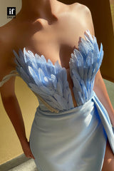32802 - Plunging V-Neck Feathers High Split Long Formal Evening Dress