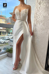 32802 - Plunging V-Neck Feathers High Split Long Formal Evening Dress