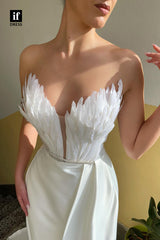 32802 - Plunging V-Neck Feathers High Split Long Formal Evening Dress