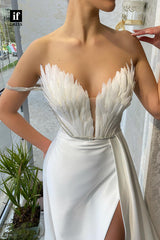 32802 - Plunging V-Neck Feathers High Split Long Formal Evening Dress