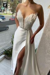 32802 - Plunging V-Neck Feathers High Split Long Formal Evening Dress