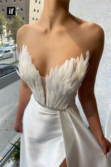 32802 - Plunging V-Neck Feathers High Split Long Formal Evening Dress