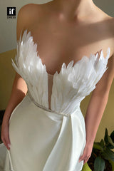 32802 - Plunging V-Neck Feathers High Split Long Formal Evening Dress