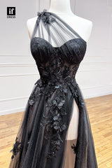32818 - A-line One Shoulder 3D Lace Appliques Black Long Prom Dress with Slit