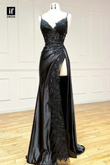 32819 - Spaghetti Straps V-Neck Appliques Side Slit Empire-Waist Prom Evening Formal Dress