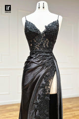32819 - Spaghetti Straps V-Neck Appliques Side Slit Empire-Waist Prom Evening Formal Dress