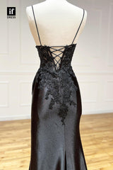 32819 - Spaghetti Straps V-Neck Appliques Side Slit Empire-Waist Prom Evening Formal Dress