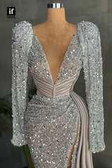 32828 - Plunging V-Neck Long Sleeves Sparkly Prom Dress with Slit