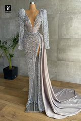 32828 - Plunging V-Neck Long Sleeves Sparkly Prom Dress with Slit