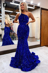 32849 - Unique One Shoulder Sequins Sparkly Mermaid Prom Dress