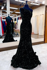 32849 - Unique One Shoulder Sequins Sparkly Mermaid Prom Dress