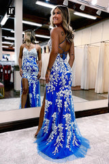 32851 - Spaghetti Straps Lace Appliques Long Prom Dress with Slit