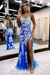 32851 - Spaghetti Straps Lace Appliques Long Prom Dress with Slit