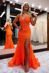 32852 - Spaghetti Straps Sequins Appliques Mermaid Prom Dress with Slit