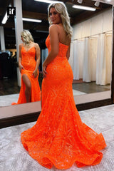 32852 - Spaghetti Straps Sequins Appliques Mermaid Prom Dress with Slit
