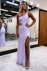 32854 - One Shoulder Sequins Appliques Long Prom Dress with Slit