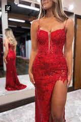 32856 - Plunging V-Neck Lace Appliques Mermaid Long Prom Dress with Slit